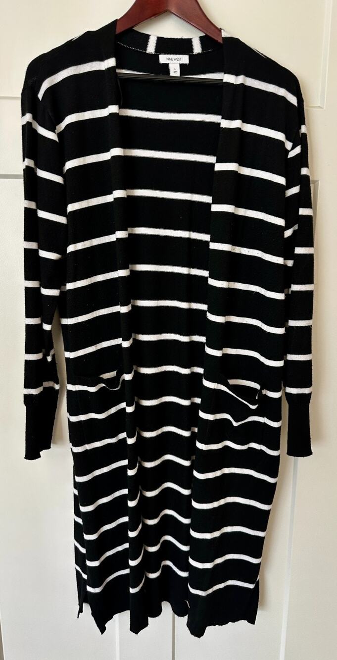Nine West Black White Striped Long Cardigan Sweater Women’s Size L